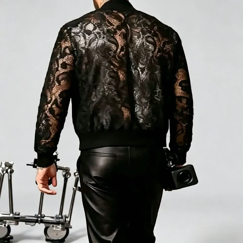 Men's See Through Mesh Jacket with Geometric Hollow Out Lace Embroidery Long Sleeve Full Zip Closure for Modern Looks