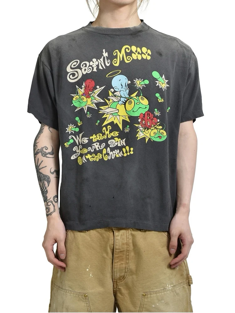 

Футболка Waed Street Sle свободного кроя с мультяшным принтом дьявола, парная, повседневная, дышащая, из хлопка, с коротким рукавом, круглым вырезом