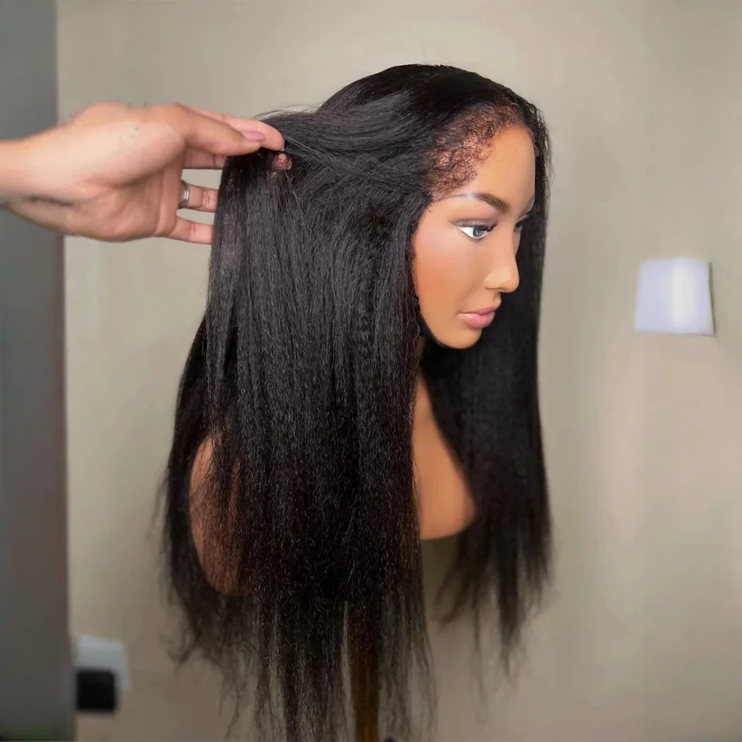 180%Density Long Natural Black Kinky Straight Yaki Soft 26Inch Lace Front Wig Preplucked Glueless Wig For Women synthetic