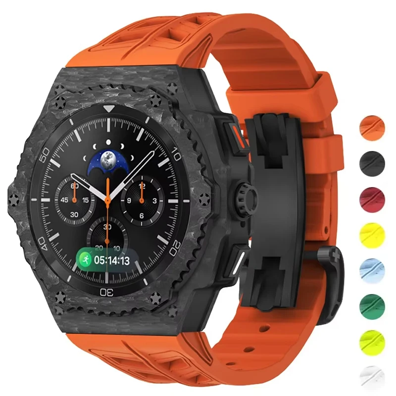 Carbon Case Modification Kit for Samsung Galaxy Watch 8 44mm Full-Cover Protection Fluororubber Strap for Galaxy Classic 46mm
