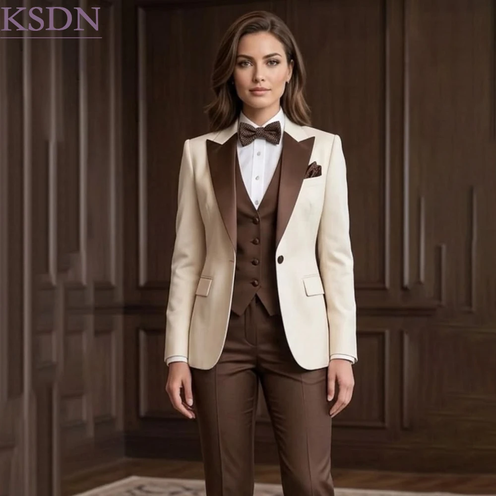 Elegant Women 3 Piece Tuxedos Suits Modern One-Button Satin Peak Lapel Blazer High Quality Evening Jacket Pants Vest Full Sets