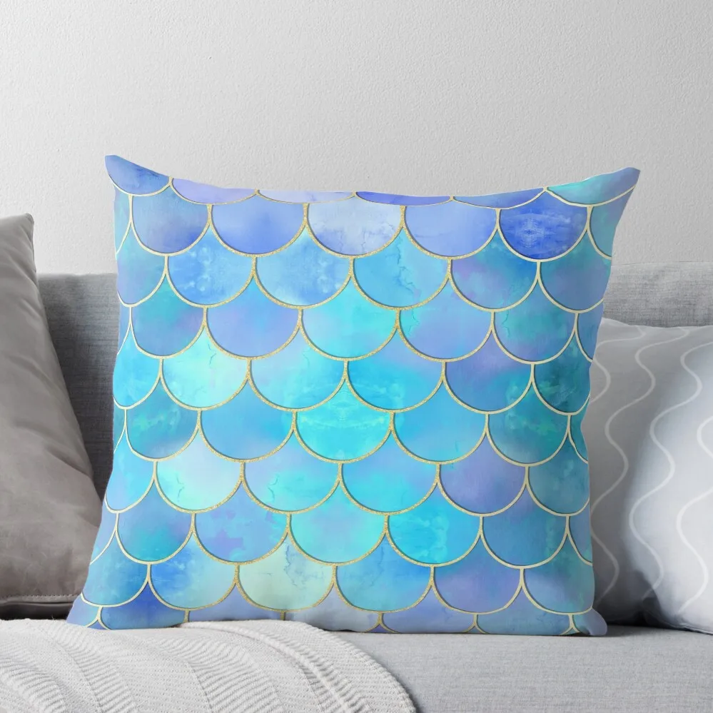 

Aqua Pearlescent & Gold Mermaid Scale Pattern Throw Pillow Sofa Pillow Cover pillow cover luxury