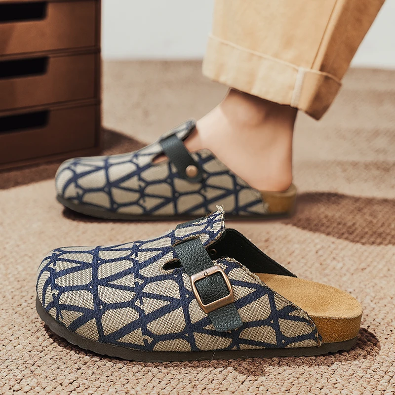 

Summer Retro Slip-On Slippers Men's Teen Mules One-Piece Molded Double-Strap Half-Slip Flat Slippers with Adjustable Buckle