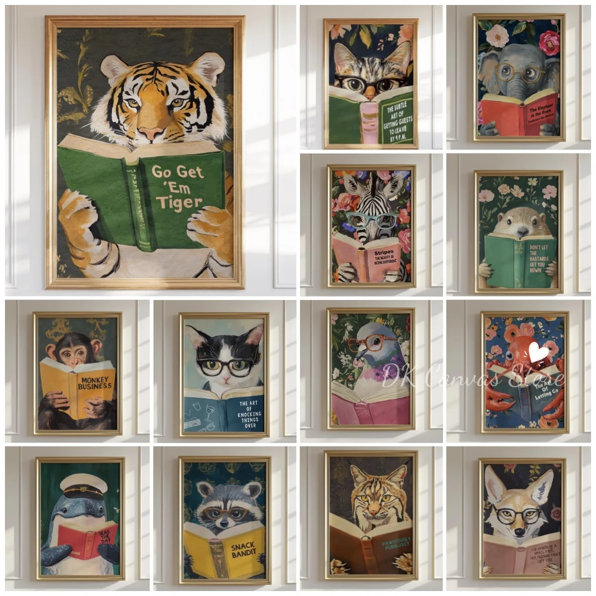 Skurriler Tiger-Lese-Leinwanddruck-Poster, motivierend, lustiges Tier, abstrakte Kunstdrucke, Wohnzimmer, Büro, Wandkunst, Heimdekoration