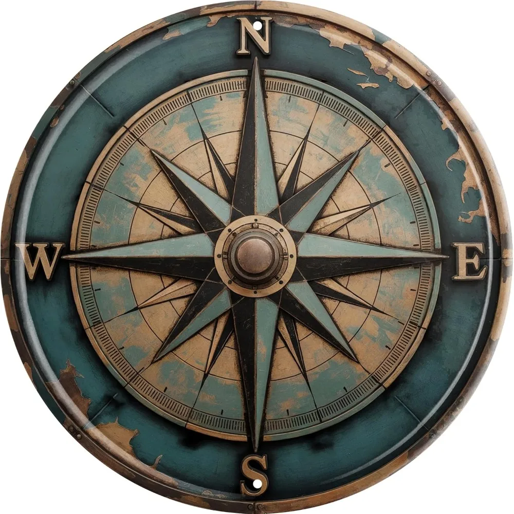 Boho Nautical Compass Funny Rustic Metal Tin Sign - Wall Decor for Home Indoor Outdoor