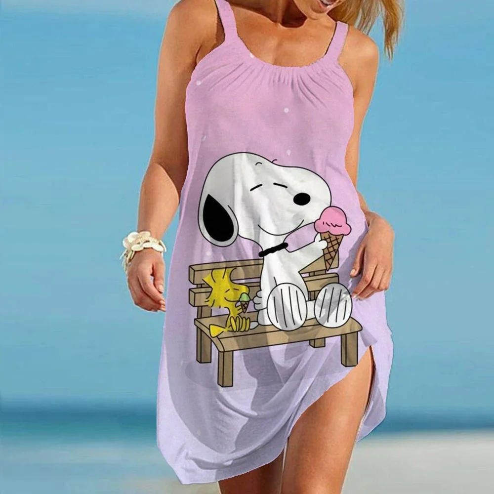 Vestido corto con estampado de Snoopy para mujer, minivestido de cuello redondo de Estilo Hawaiano, informal, sin mangas, holgado, para playa, Verano