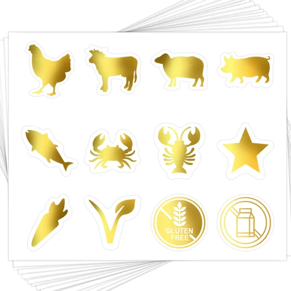 

50 листов/600 шт. наклейки для выбора еды для карточек с местами, 12 стилей, наклейка для выбора золотой еды для свадебных карточек с местами, свадьбы