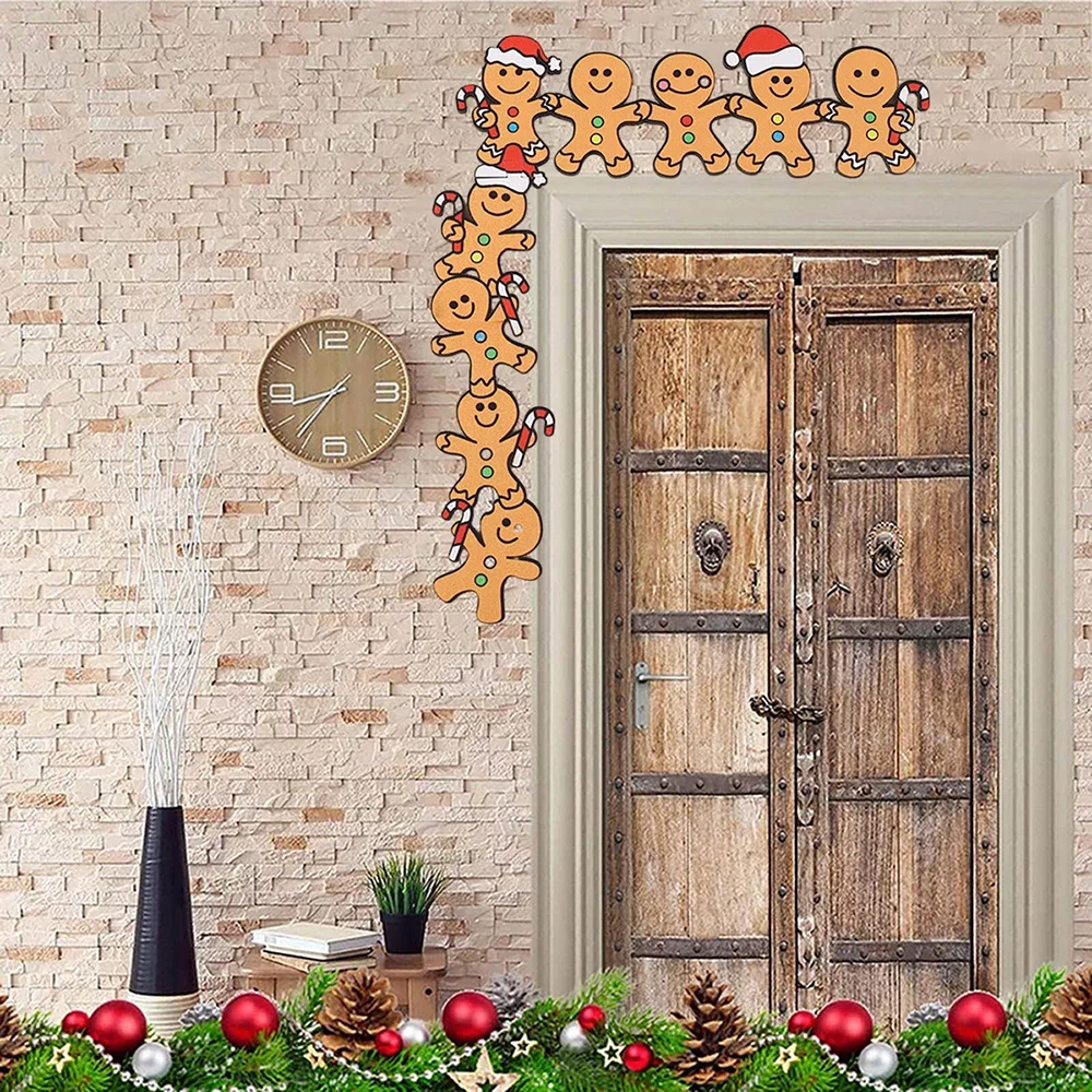 Décoration de coin de porte de bonhomme en pain d'épice en bois mignon, cadre en bois avec chapeaux de père Noël et canne, décorations de fête de Noël