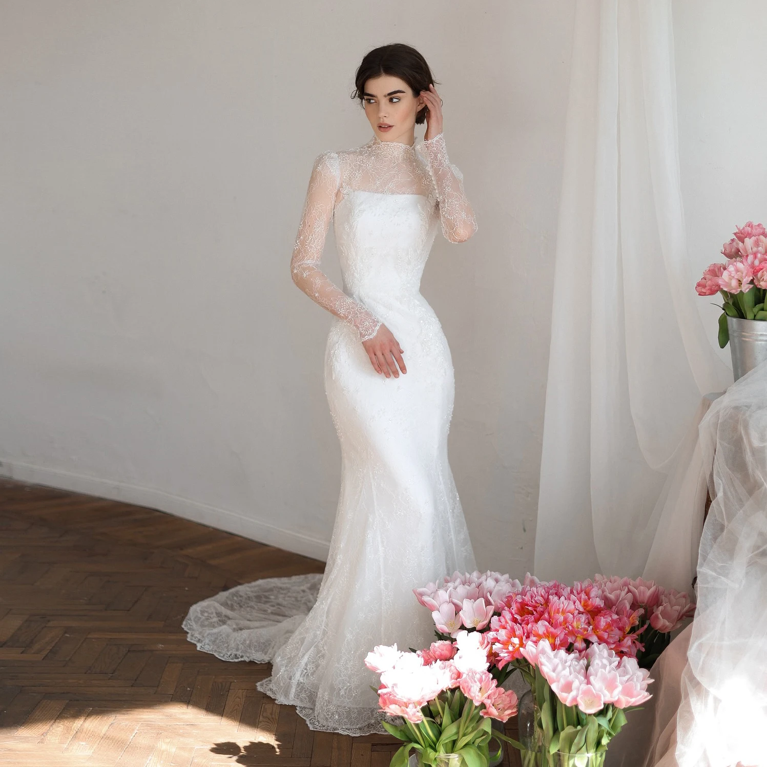 Sharon Said Elegantes weißes Meerjungfrau-Hochzeitskleid, einfache Langarm-Spitze-Brautkleider SW539 Maßgeschneidert