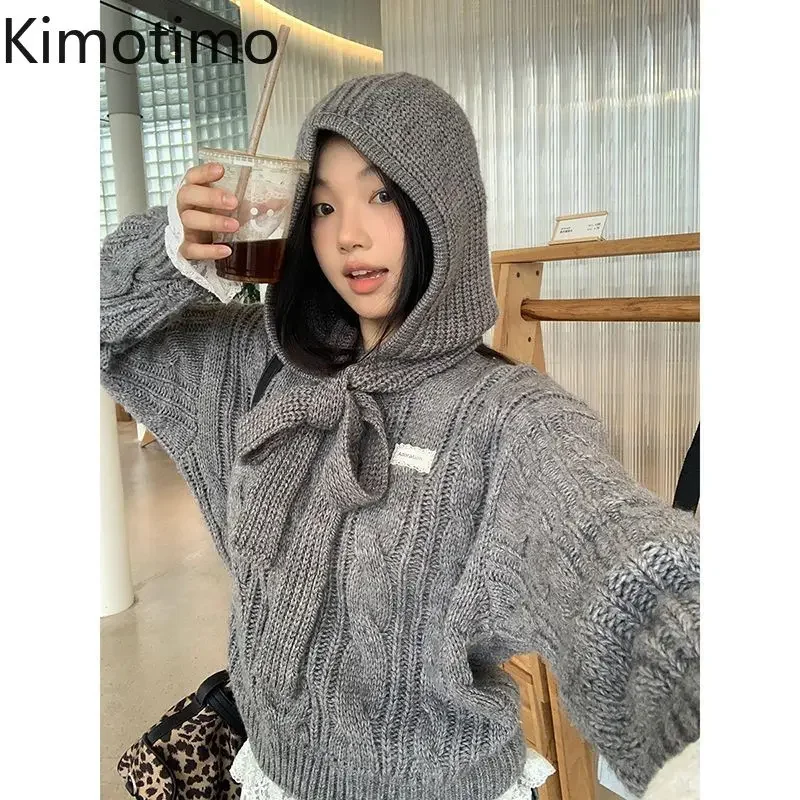 Kimotimo Christmas Red Knitted Sweater Women Lace Up Hat Spicy Girls Fashion Pullover 2024 Autumn Winter Sweet Y2k Jumper Sets