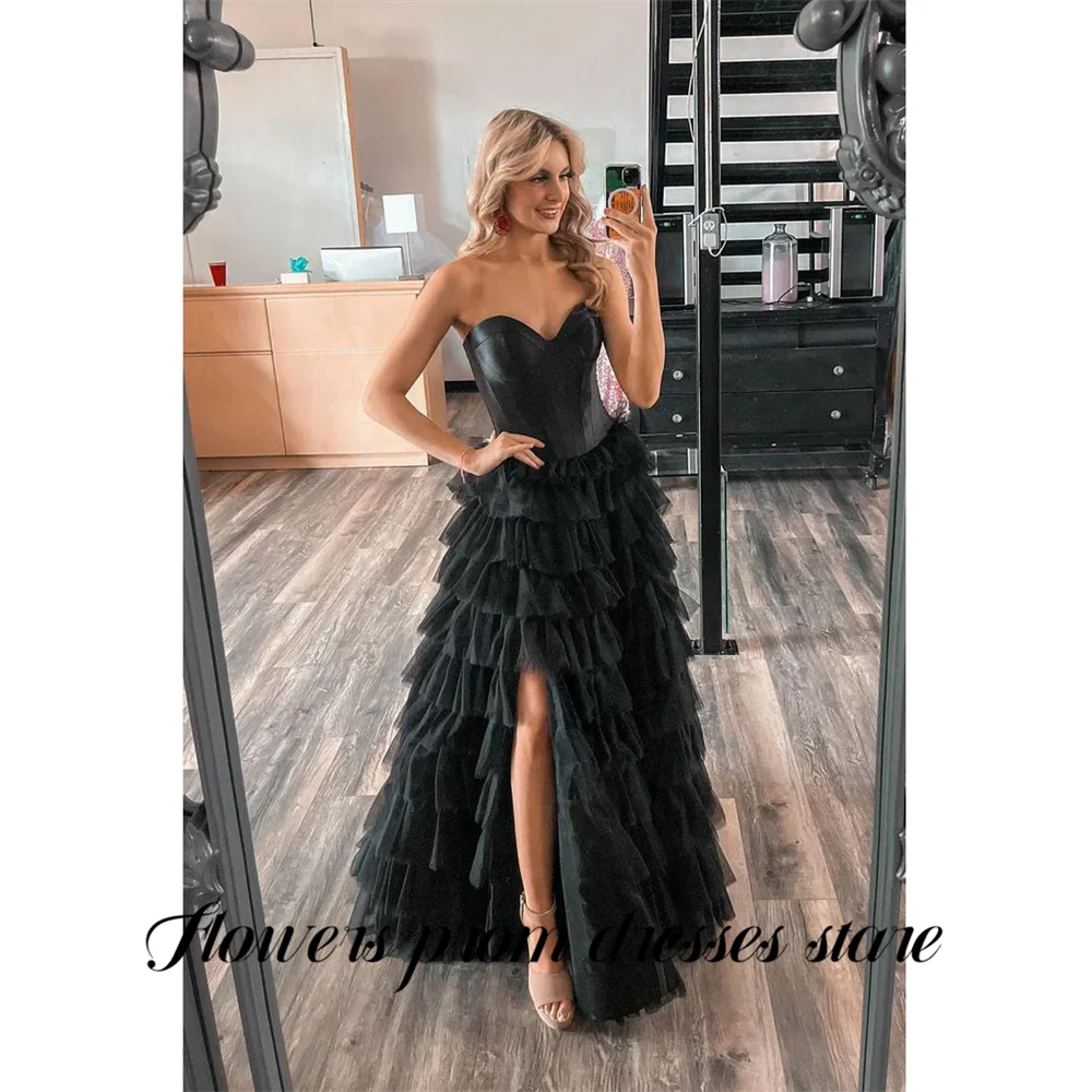 

Flowers Black Prom Dresses Satin Bodice Celebrity Dress with Tiered Tulle Evening Dress Ruffled Layers Formal Dress Customized