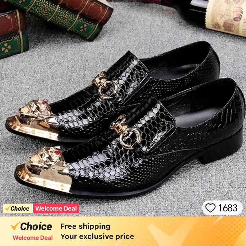 

Summer Business Dress Men's shoes Black Snake Embossed Genuine Leather Shoes Dragon Head pointed Party Trend Wedding shoes