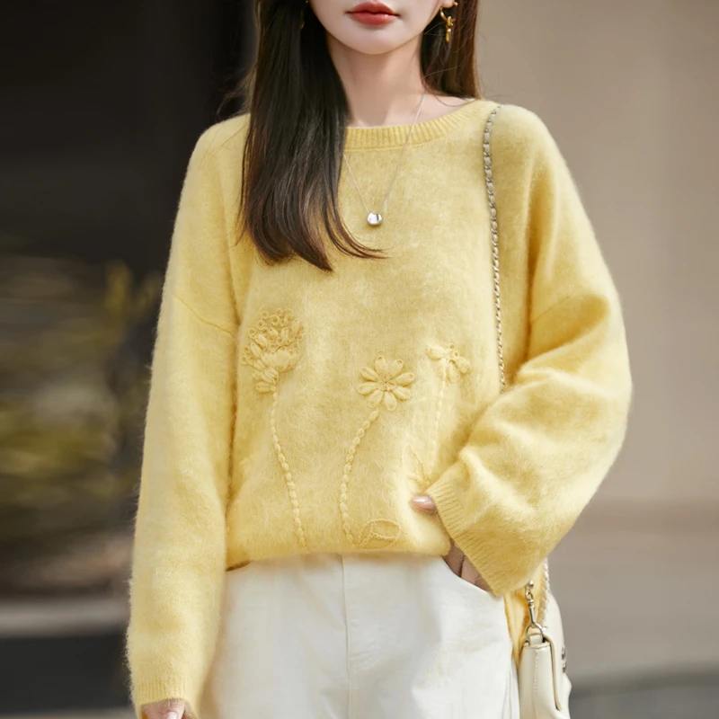 

Autumn Winter Women's 100% Merino Wool Pullover Sweater Embroidered O-Neck Thick Brushed Casual Comfortable Soft Warm Top