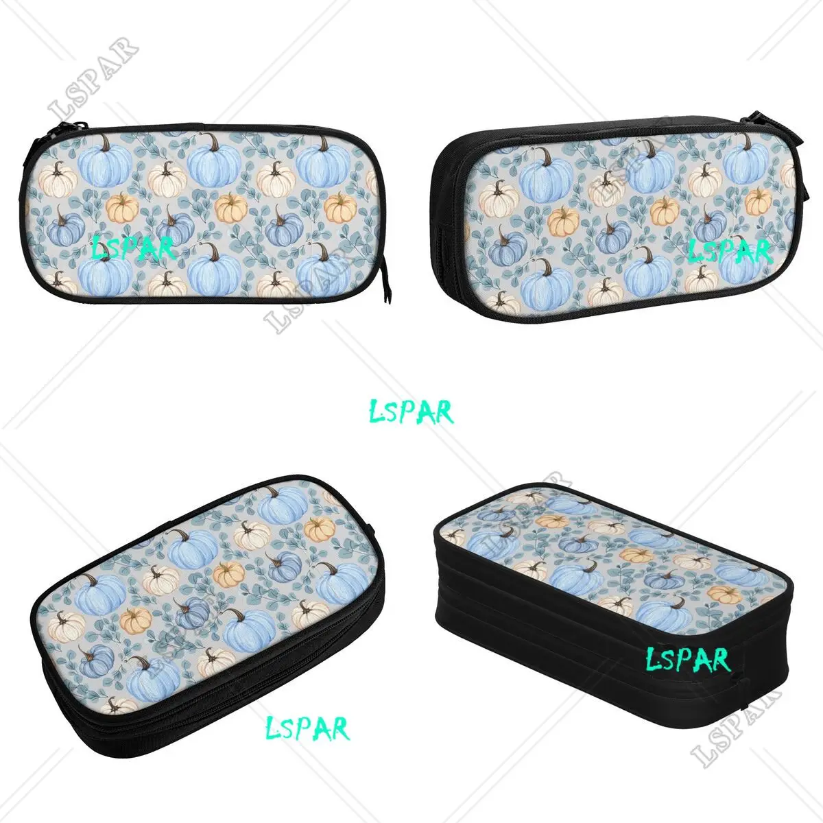 Blue And White Pumpkin Fall Pattern Pencil Cases Pen Box Bag for Student Big Capacity School Supplies Zipper Pencil Box