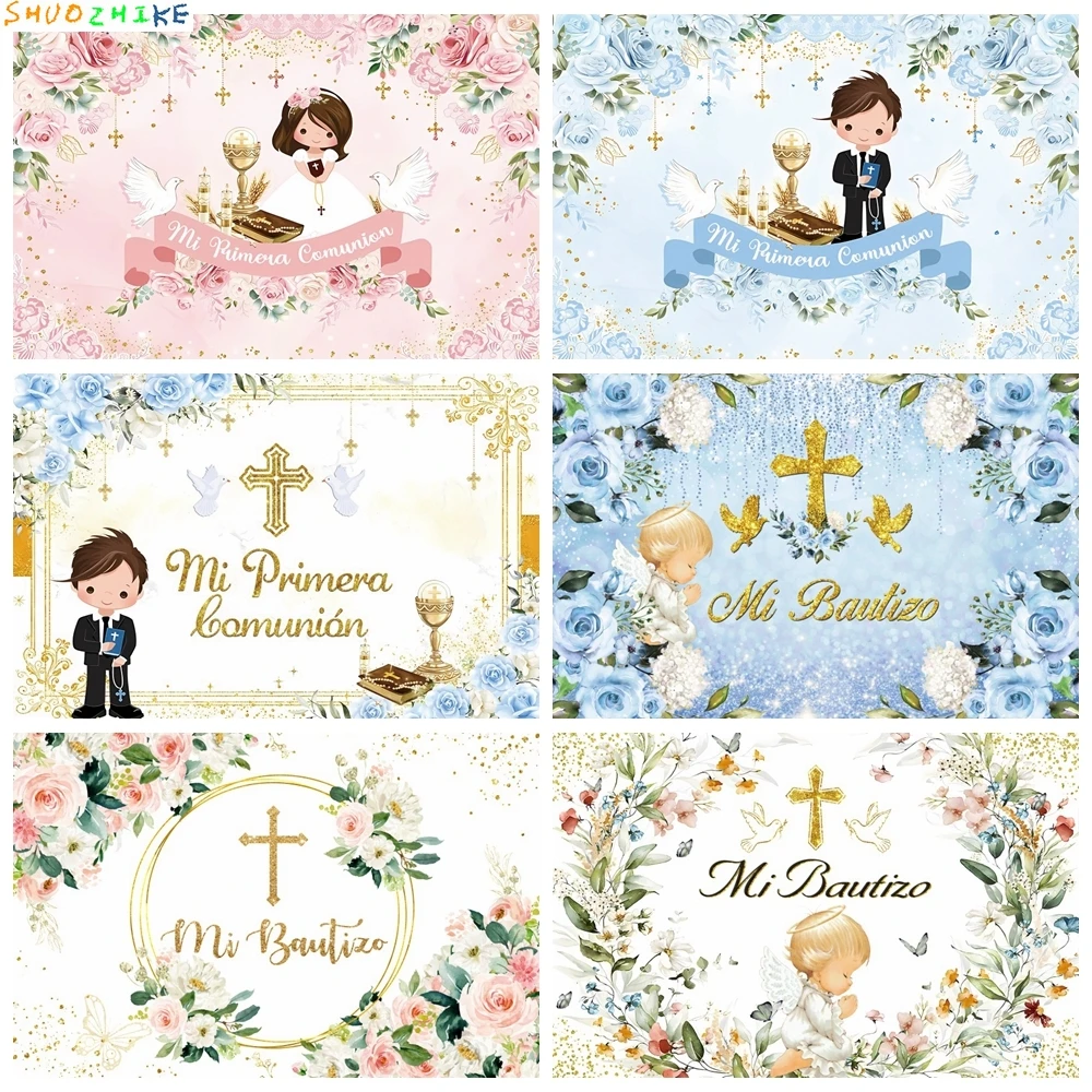 

Baby Baptism Background Boy Girl First Holy Communion Party Decor Backdrop Blue Pink Flowers Angel Photo Banner Studio Props