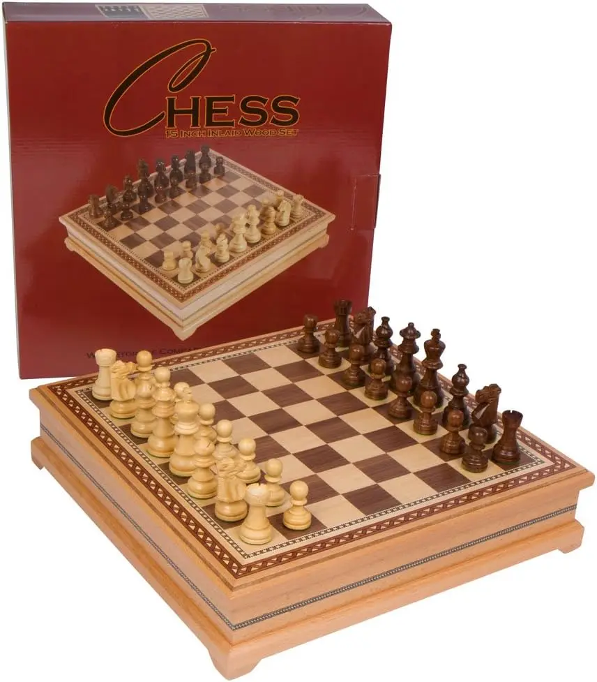 Chess Inlaid Wood Board Game Set with Weighted Wooden Pieces, Large 15 x 15 Inch