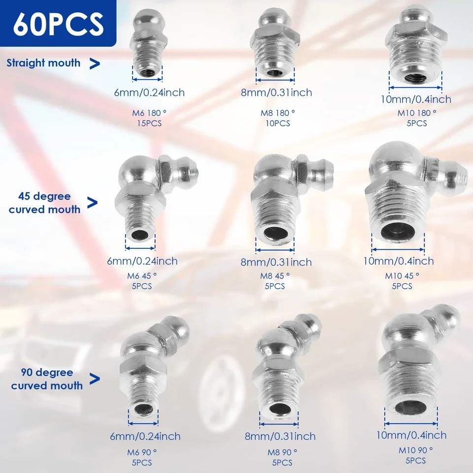60 or 120 pcs metric grease fitting assortment set featuring hex head zerk nozzles in M6 M8 M10 sizes made from durable galvaniz