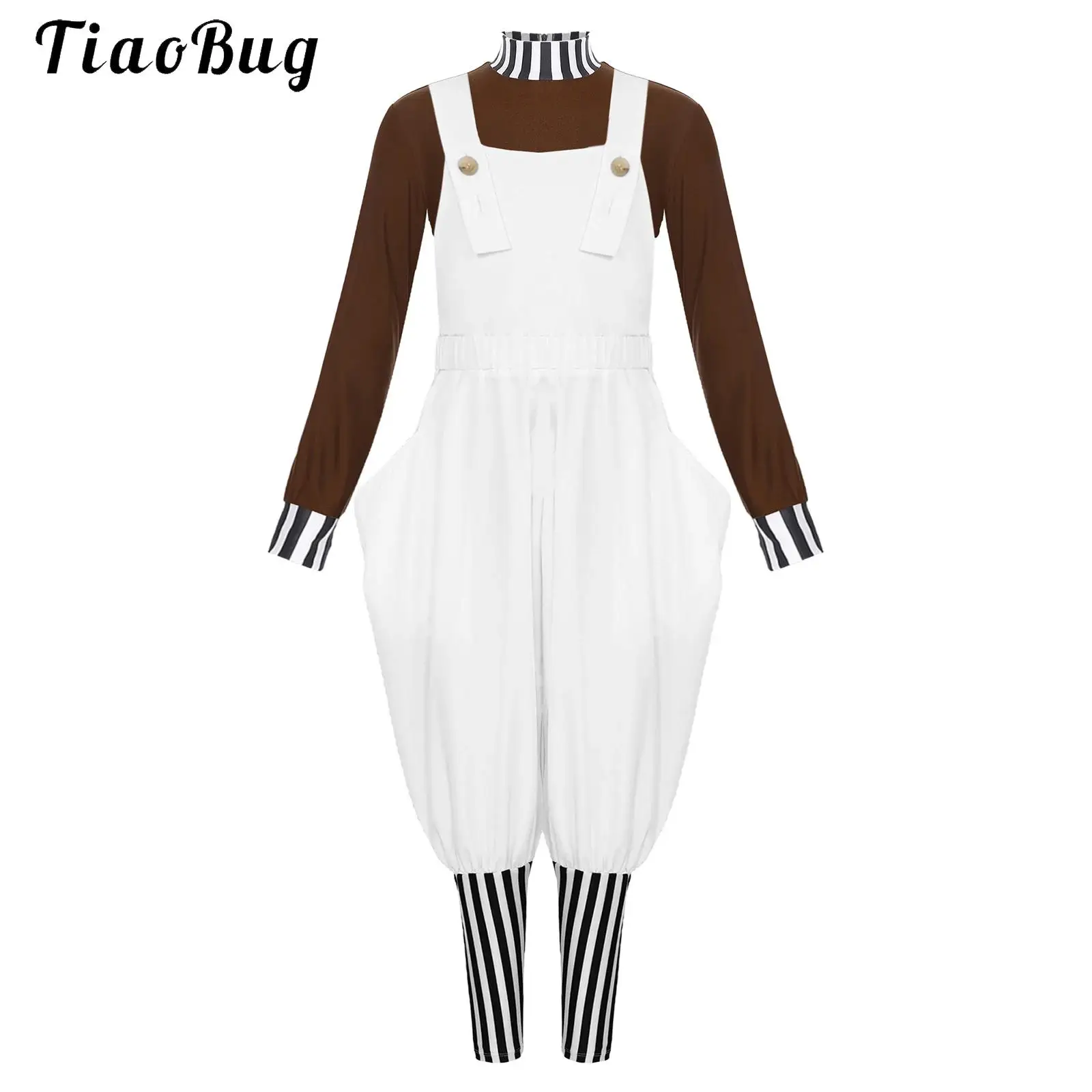 Boys Girls Movie Chocolate Factory Worker Costume Long Sleeve Zipper Shirt Top And Stripe Overalls Or Dress Halloween Dress Up