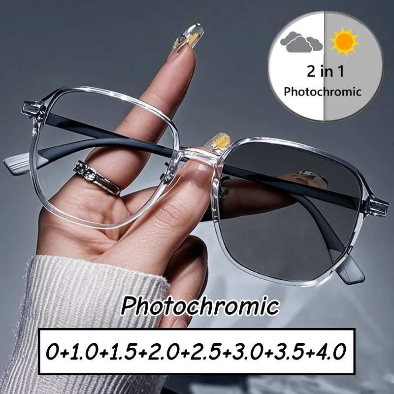 

Unisex Trendy Photochromic Reading Glasses Men Women Fashion Retro Anti-UV Presbyopia Color Changing Square Far Sight Glasses