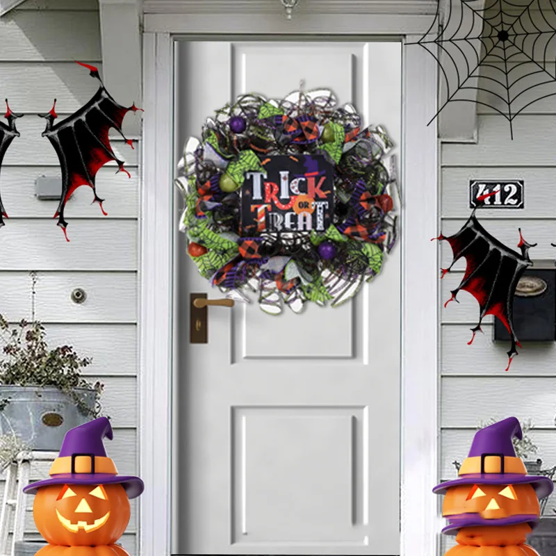 40CM Wreaths With Black Spider LED Light Halloween Wreath Doors Window Flower Garland Halloween Decoration