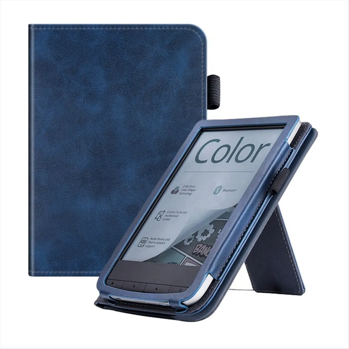 For Pocketbook Touch HD 3 E-Reader Stand Cover Flip PU Case with Hand Holder Dark Blue