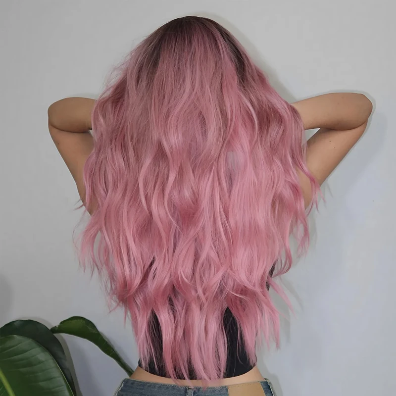 Ombre Pink Wigs Synthetic Pink Hair Wigs Middle Part Long Wavy Wig for Women Heat Resistant Fake Hair Pink Party Cosplay Wig