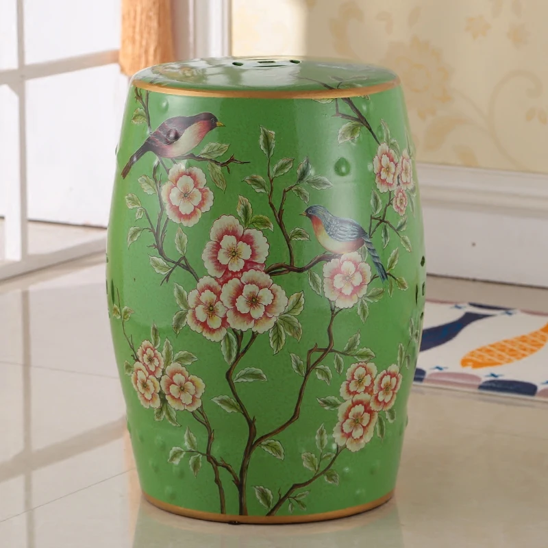 Floral Bird Pattern Multi-Purpose Seat for Vanity & Entryway,New Chinese Style Decorative Ottoman for Bedroom Living Room