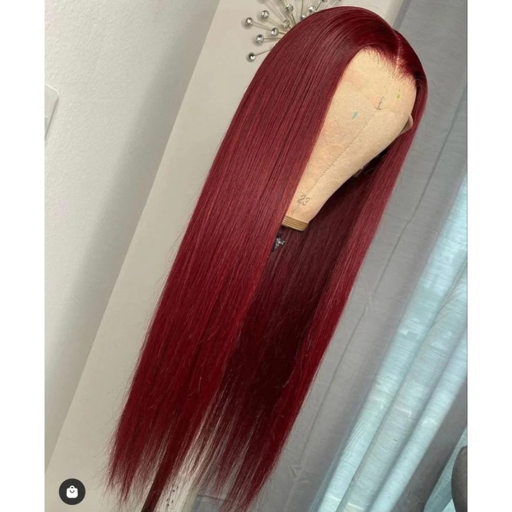 Wine Red 99j Long 26 Inch Straight Lace Front Wig 180Density Glueless Synthetic PrePlucked Daily Use