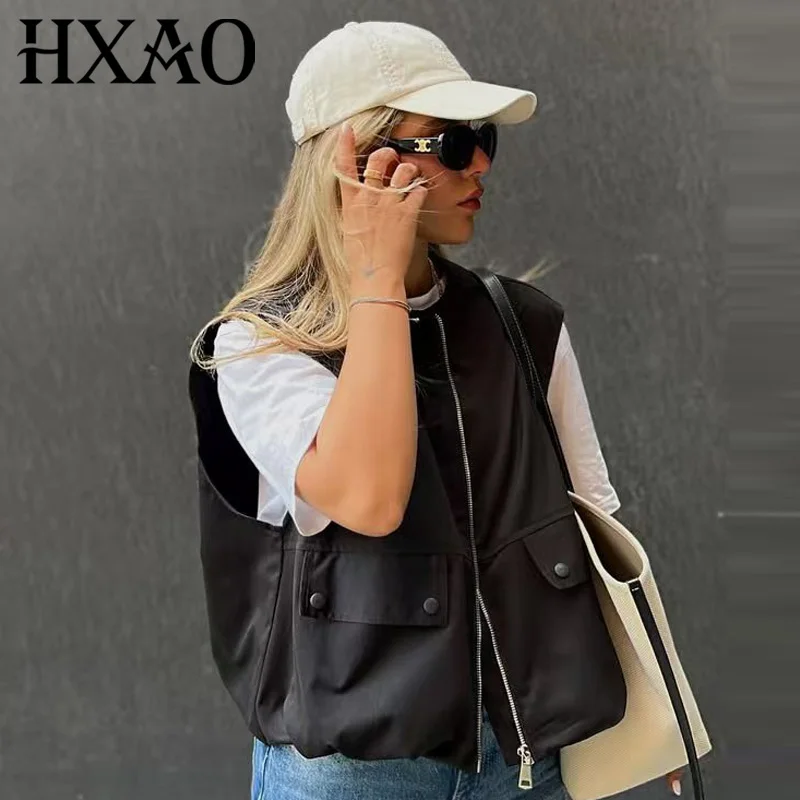 

HXAO Women's Vest Summer Autumn Sleeveless Waistcoat Black White Khaki Grey Green Coat Elegant Women's Cropped Zip Up Outerwears
