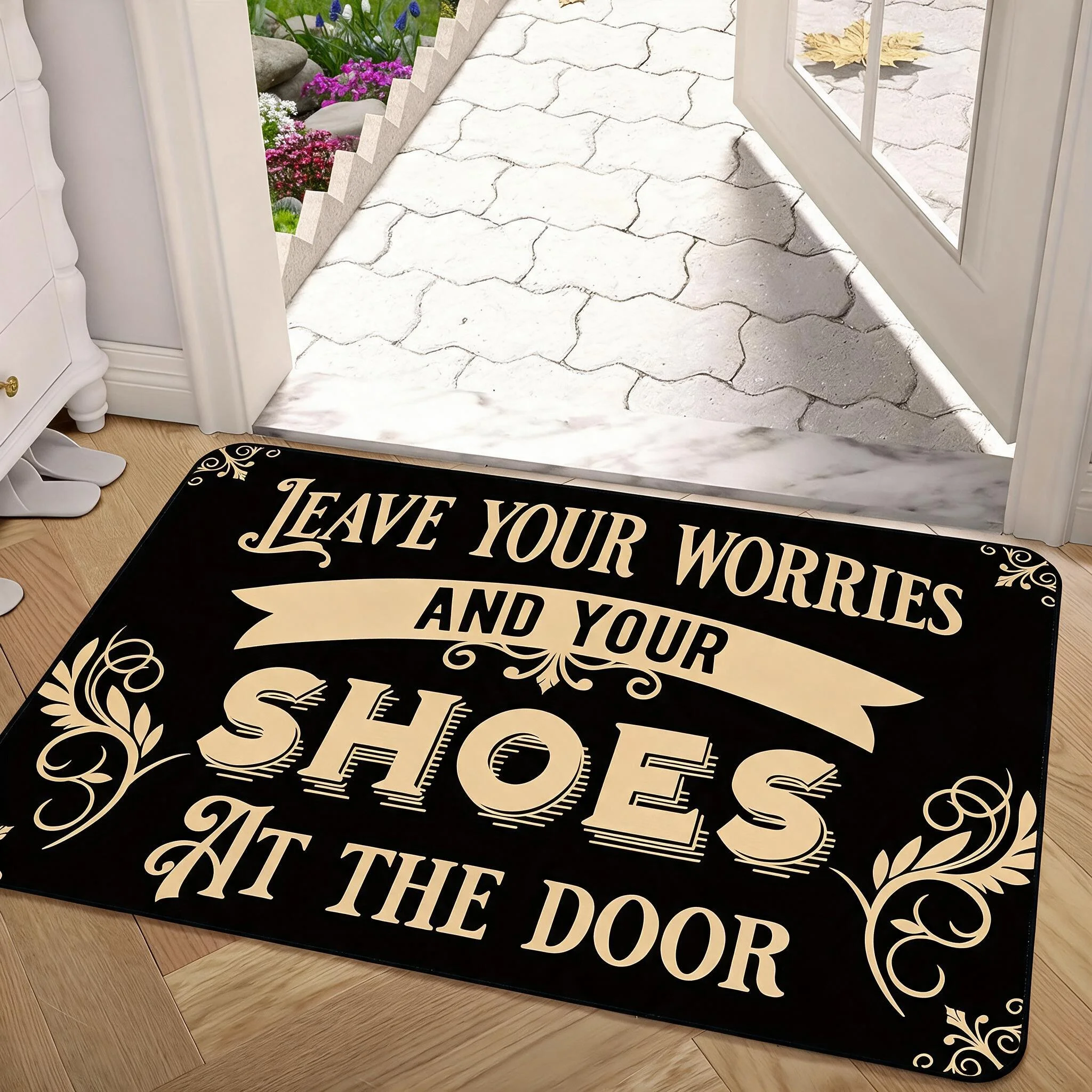 Square Bathroom Rug Diatomaceous Earth Bath Mat Non Slip Rubber Base Thick Absorbent Floor Mat with Elegant Printed Design