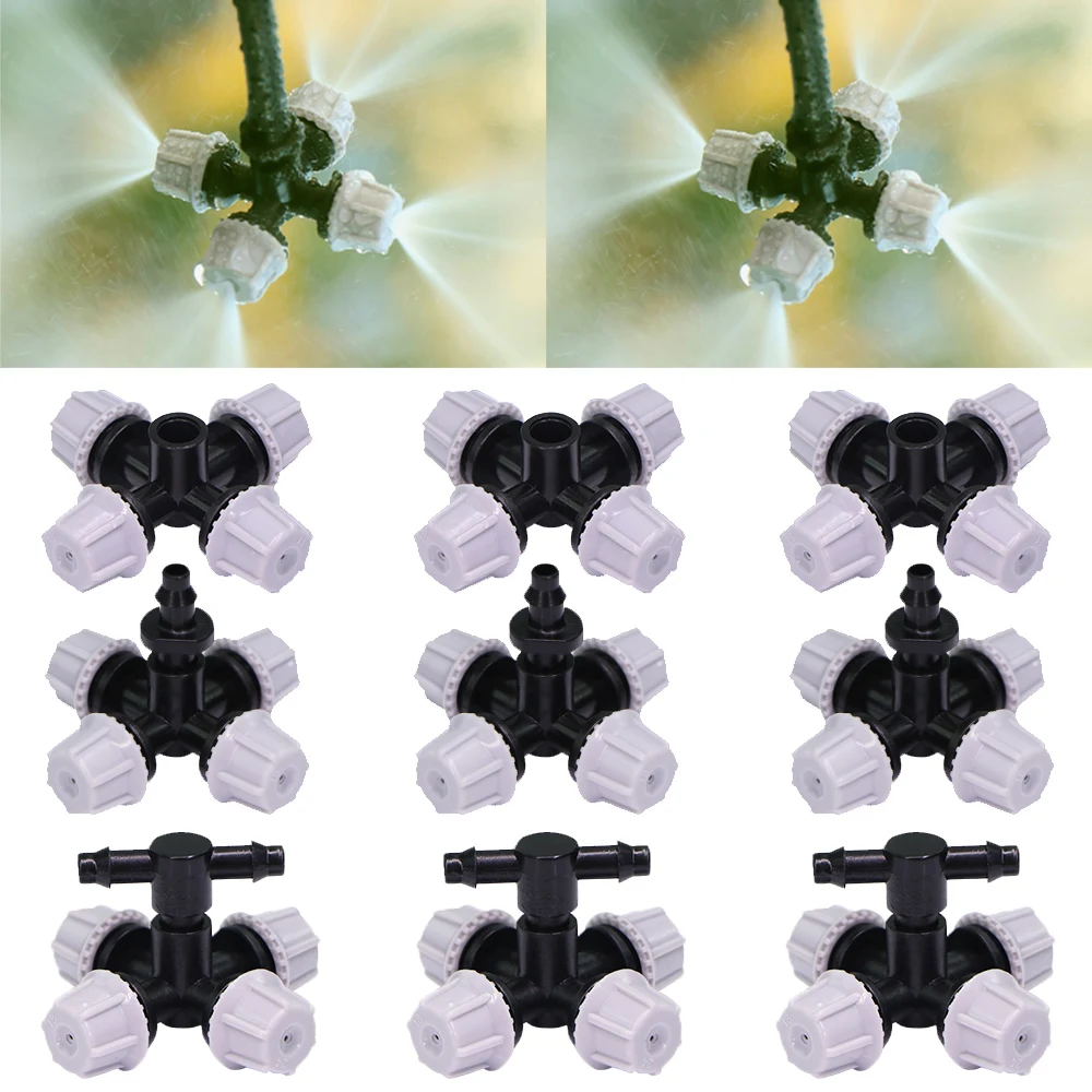 

5PCS 30-60L/h Cross Misting Sprinklers 4 Outlet Spray Cooling System Garden Greenhouse Atomizing Nozzle Patio IrrigationAtomizer