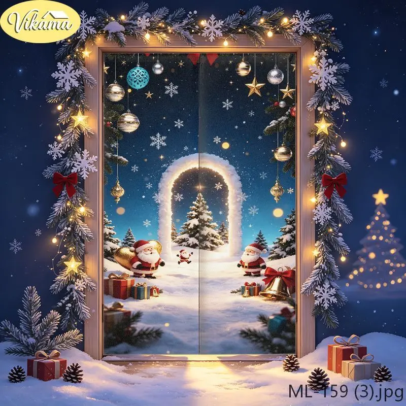 VIKAMA Christmas Door Curtain Santa Claus Snowman Christmas Tree Snow Scene Door Hanging Kitchen Bedroom Home Holiday Xmas Decor