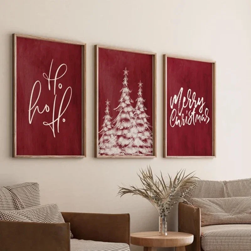 3PCS Large-sized frameless canvas paintings,Christmas Prints, Christmas Art, Merry Christmas Art, 3 Piece Wall Art, Red Christma