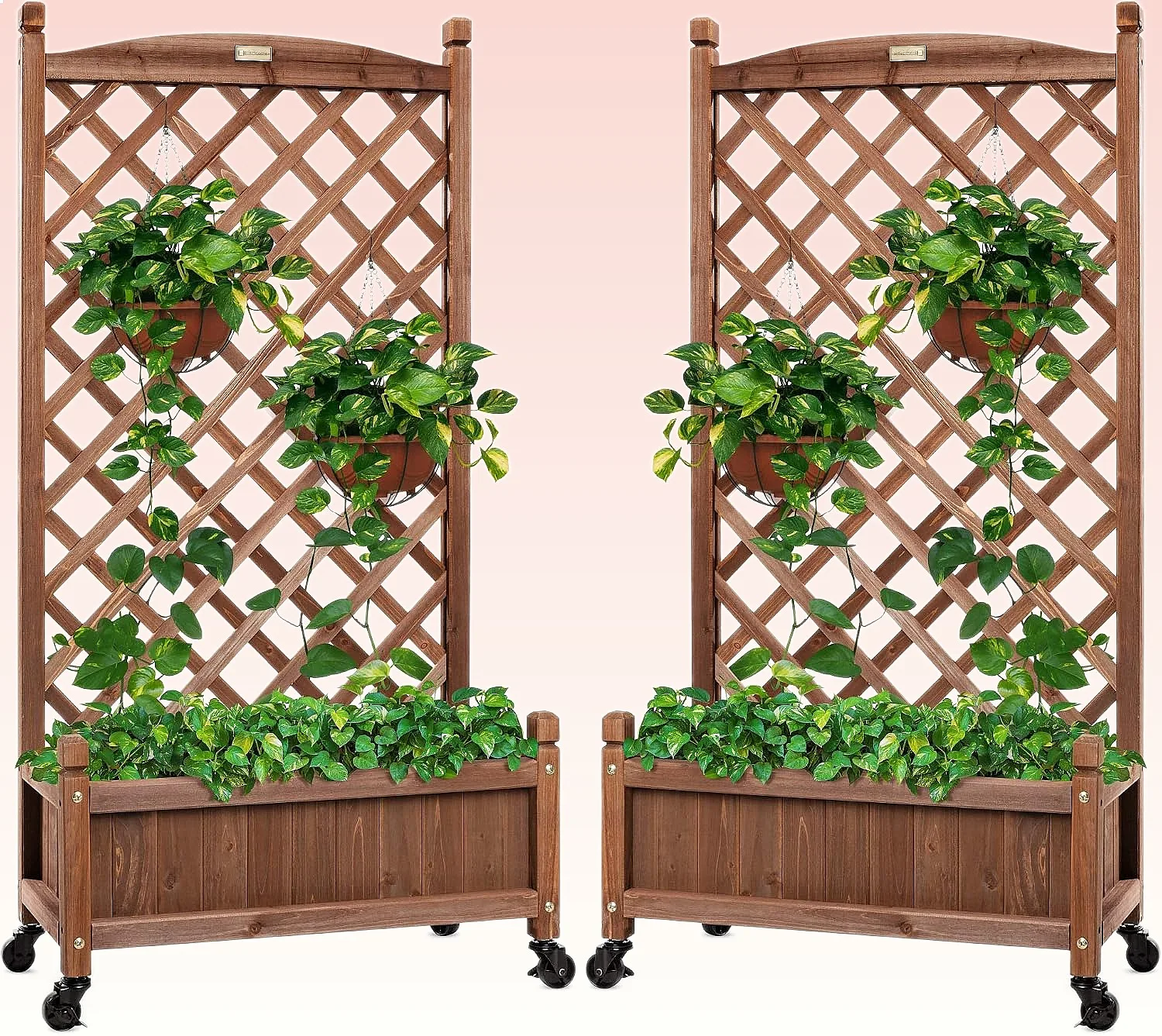 Best Choice Products 2-Pack 48in Wood Planter Box with Diamond Trellis, Mobile Raised Garden Bed for Climbing Plants, Drainage Holes, Wheels