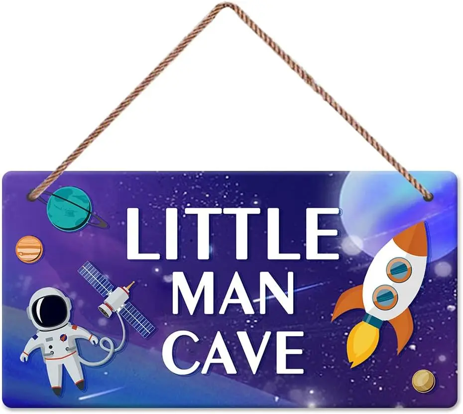 Outer Space Little Man Cave  Plaque Boys Spaceman Bedroom Decor Hanging Sign Wall Door Nursery Accessories 6 X 12 Inches