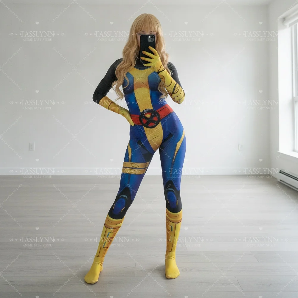 Marvel Rivals Magik Cosplay Zentai Bodysuit, Blue Yellow Armor Print Jumpsuit, Women Superhero Costume for Halloween Comic Con view 2