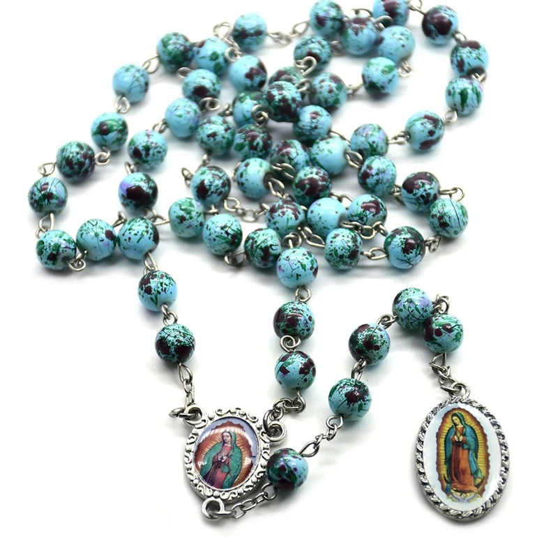 Guadalupe Pendant Rosary Necklace Glass Beads Strand Religious Jewelry For Men Women