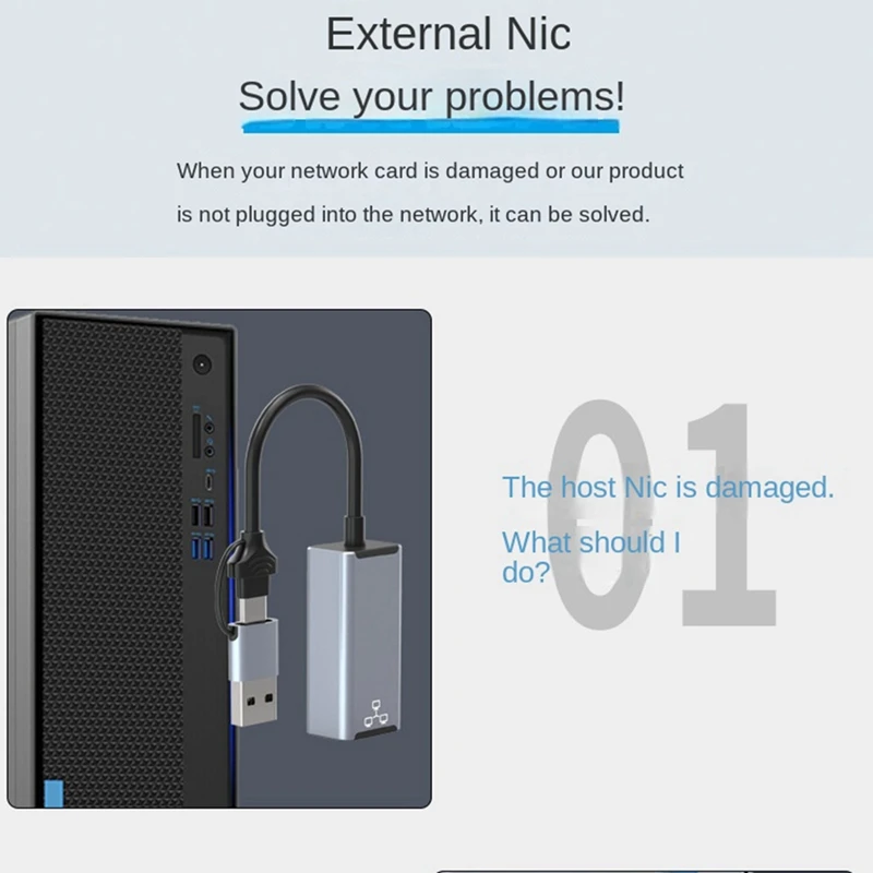 1 Piece Dual Headed USB Type C Ethernet Adapter Network Card USB Type-C To RJ45 1000Mbps Network Adapter For Desktop Laptop