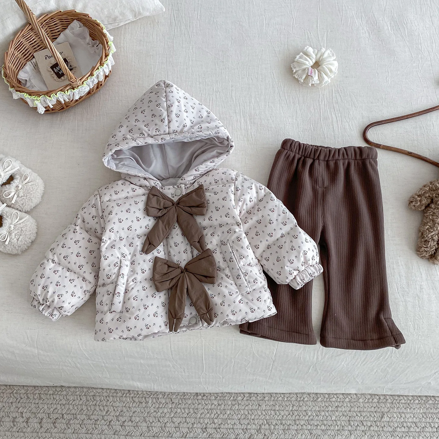 

Kids Baby Girls Clothes Set 2025 Winter Bow Toddler Girls Outerwear Coat Solid Color Thicken Warm Kids Baby Girls Casual Pant