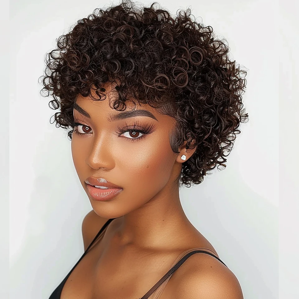 Peruwiańskie krótkie peruki Bob Pixie Afro Kinky Curly z grzywką dla czarnych kobiet Natural Brown 99J Pełne peruki z ludzkich włosów wykonane maszynowo