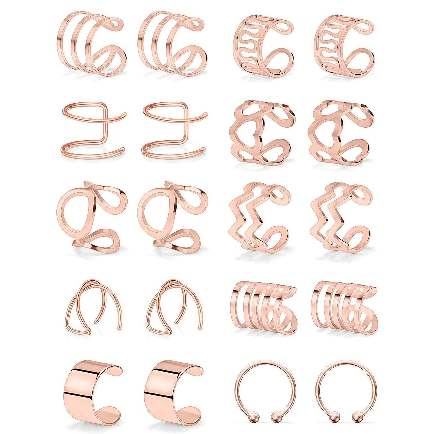 Ajustável Não-Piercing Cartilagem Clip-On Brincos, Falso Helix Ear Cuff, Lip Nose Ring, Piercing, Rose Gold, 2-20Pcs