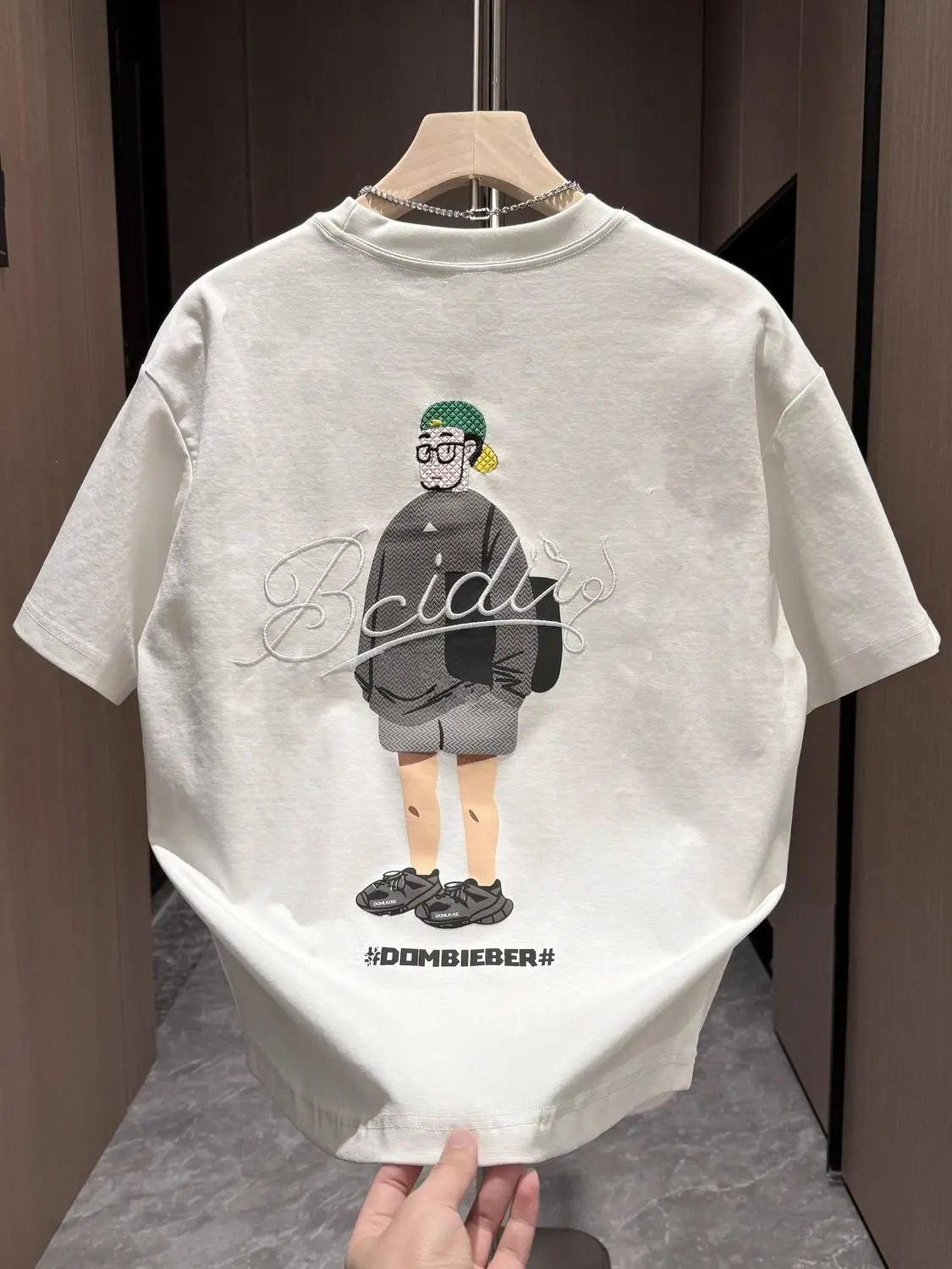 100℅ Cotton Print Top Baggy Man Tee Shirts O Neck Embroidery T