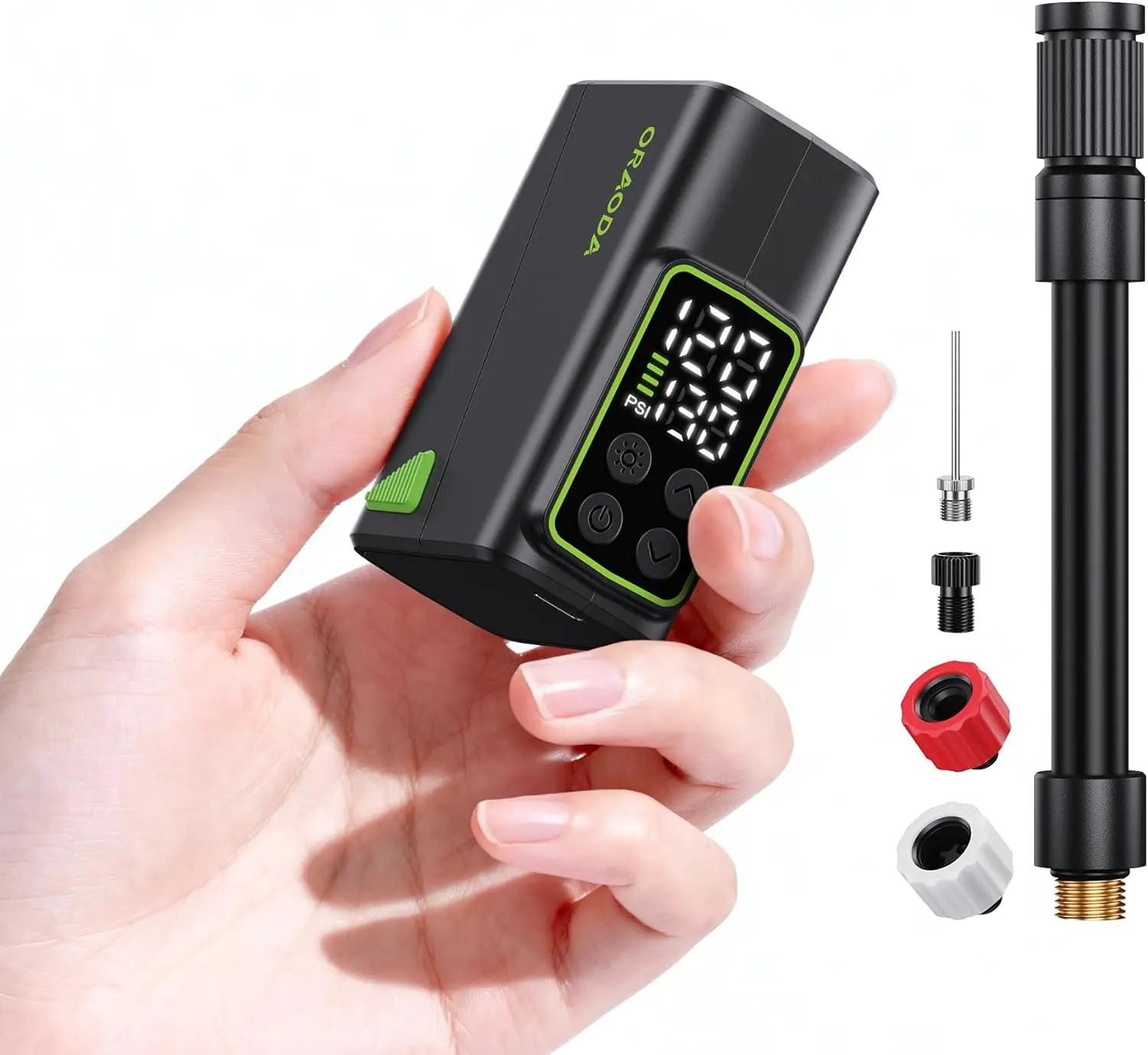

Electric Bike Pump 150PSI Rechargeable Mini with Auto Shut-Off, Dual LED, Presta/Schrader for Road & Mountain Bikes