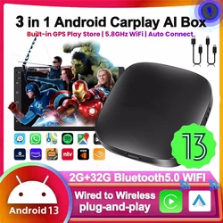 Caja de IA con cable a Carplay inalámbrico, adaptador automático de Android 13, WiFi para Youtube, Nexflit Cars, Smart Ai Box, Bulit in Play Stroe