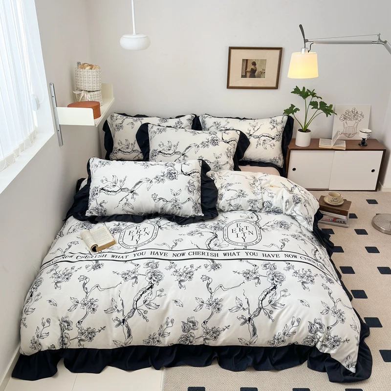 Imagem -05 - Conjunto de Cama Vintage Francês para Meninas Têxtil Doméstico Algodão Lavado Capa de Edredão Plissada Preto e Branco Folha Plana com Fronha Pcs Pcs