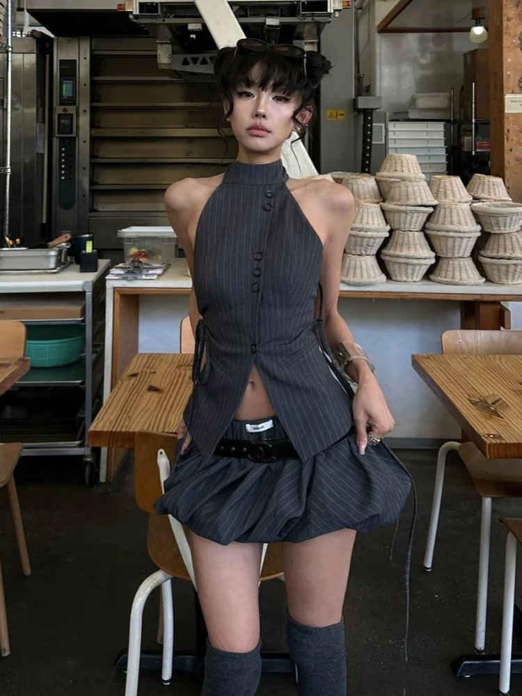 Summer Korean Fashion Y2k Women 2 Piece Set Pinstripe Sleeveless Halter Tie Button Tops+ Low Waist Mini Bubble Skirt Outfits New image 3