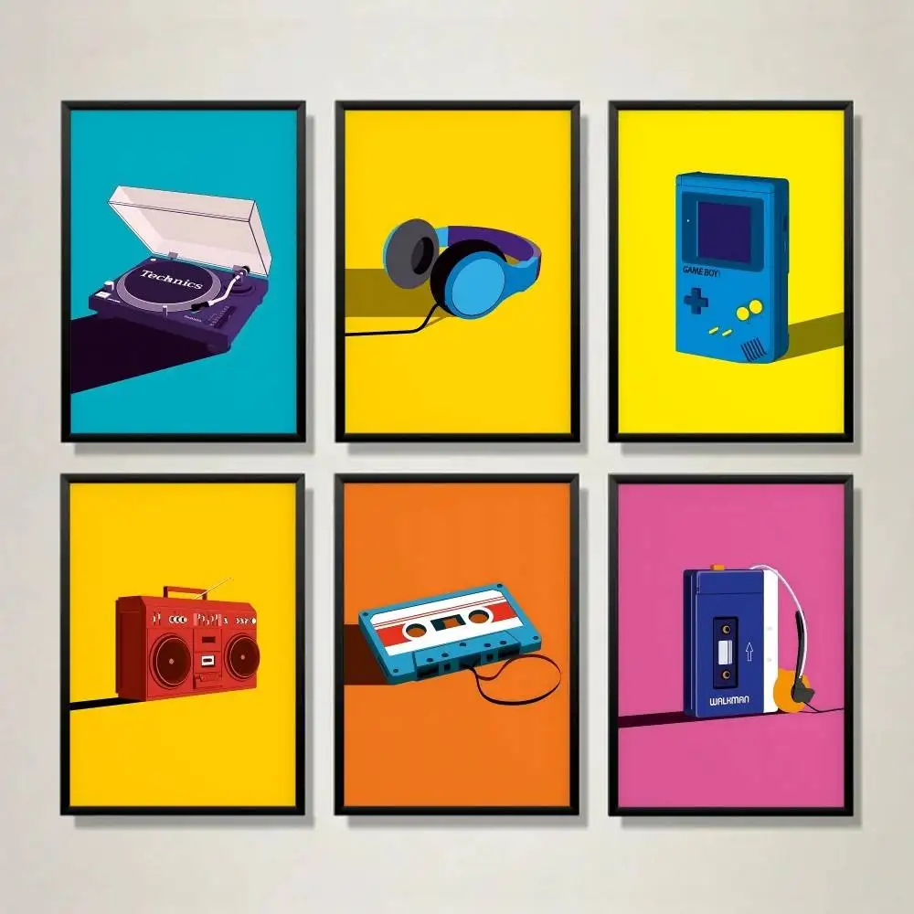 Pop Art Retro 80s 90s Audio Game Device Poster Vintage Cassette Turntable Headphone Wall Art for Game Room Dorm Unframed Print