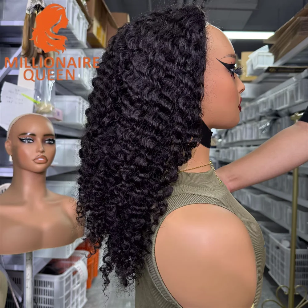 

Millionaire Queen 3C4A Burmese Curly Flip Over Half Human Hair Wigs For Woman 3/4 Invisible Curly Adjustable and Breathable
