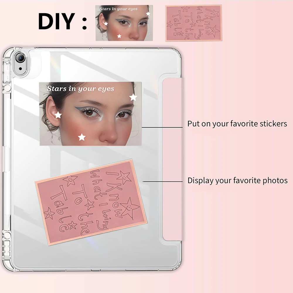 

DIY 3+Y-fold Clear Crystal Tablet case for iPad 5 6 7 8 9 10 11 Air 4 5 6 7 11 Mini 6 7 Pro 11 With Pencil Holder Auto Sleep