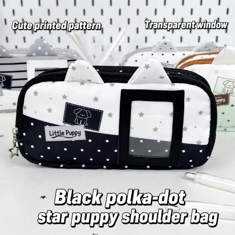 Polka Dot Puppy Print Pencil Case with Photo Window Large Capacity Pencil Pouch Double Layer Portable Stationery Organizer Gift